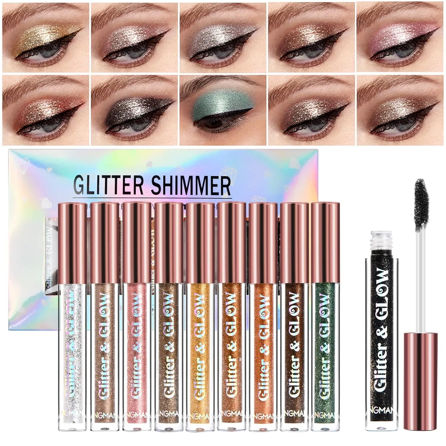 10 Pcs Liquid Glitter Eyeshadow Metallic Shimmer & Sweatproof Makeup Set, Matte Glitter Pressed All Highly Pigmented Blending Powder, Perfect For Every Woman & Girl Cosmetic Waterproof