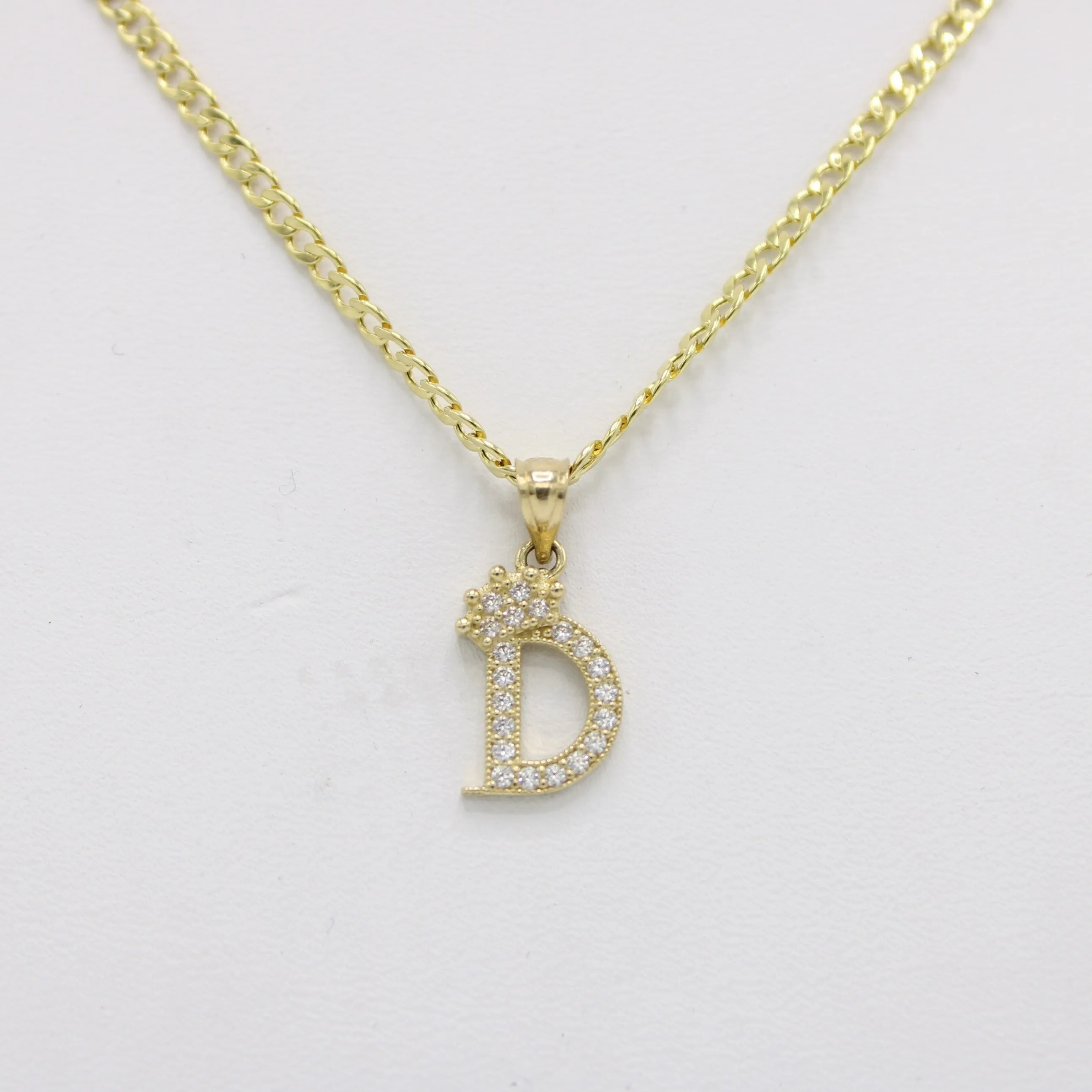 14K Mini-Crown Initial Name (D) Pendant Cz Stones With Cuban Chain Yellow Gold