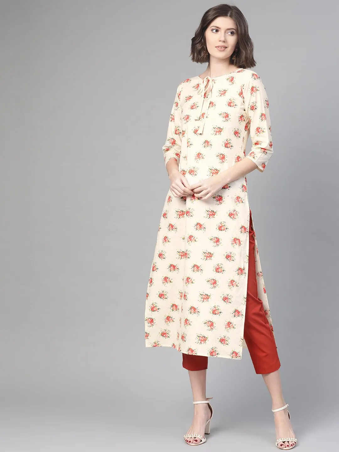 Adults-Women Cream & Peach Cotton Straight Floral Printed Kurta