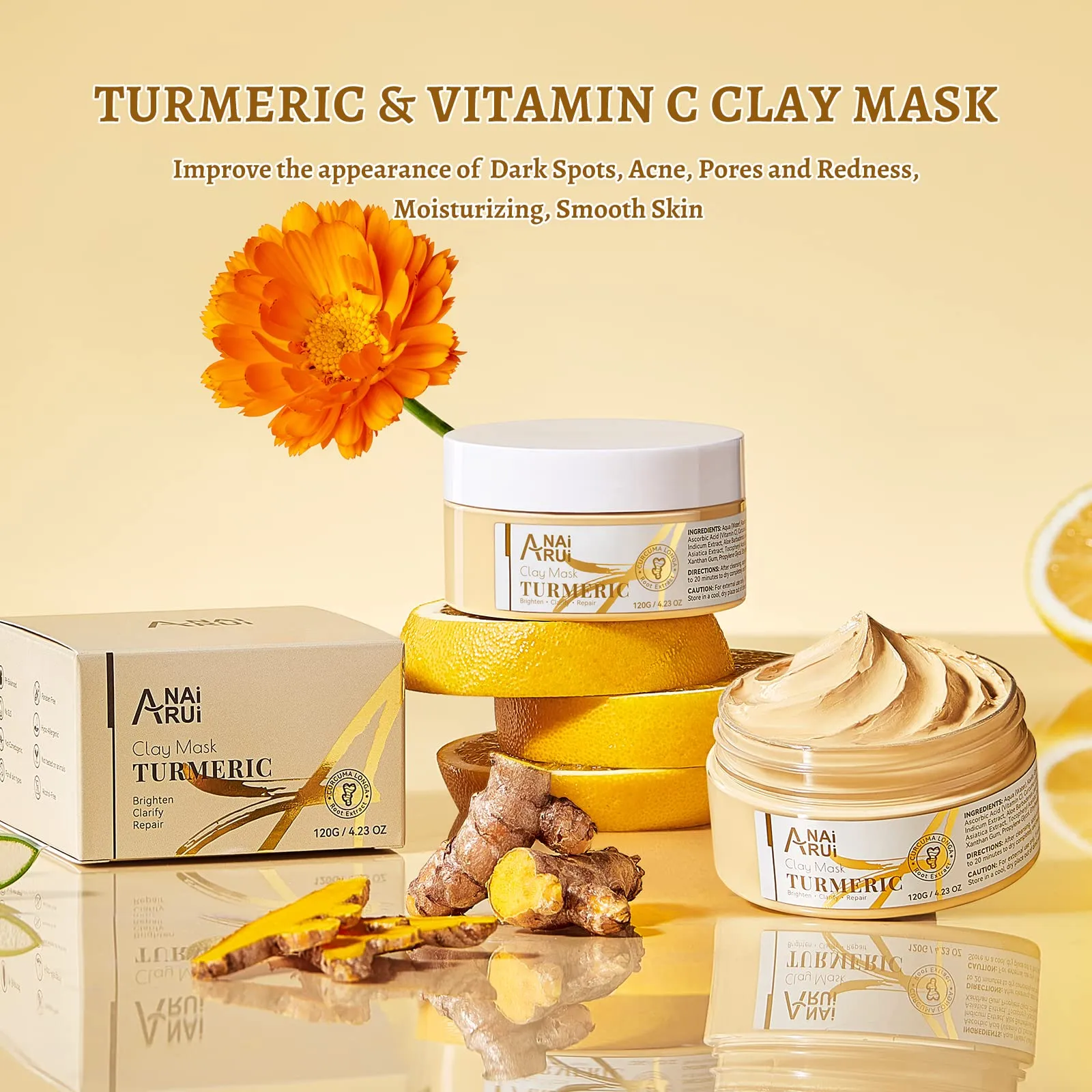 ANAI RUI Fcial Mask Set with Tumeric Vitamin C Face Mask   Pink Skincare Clay Mask for Refining Pores, Smooth, Radinace