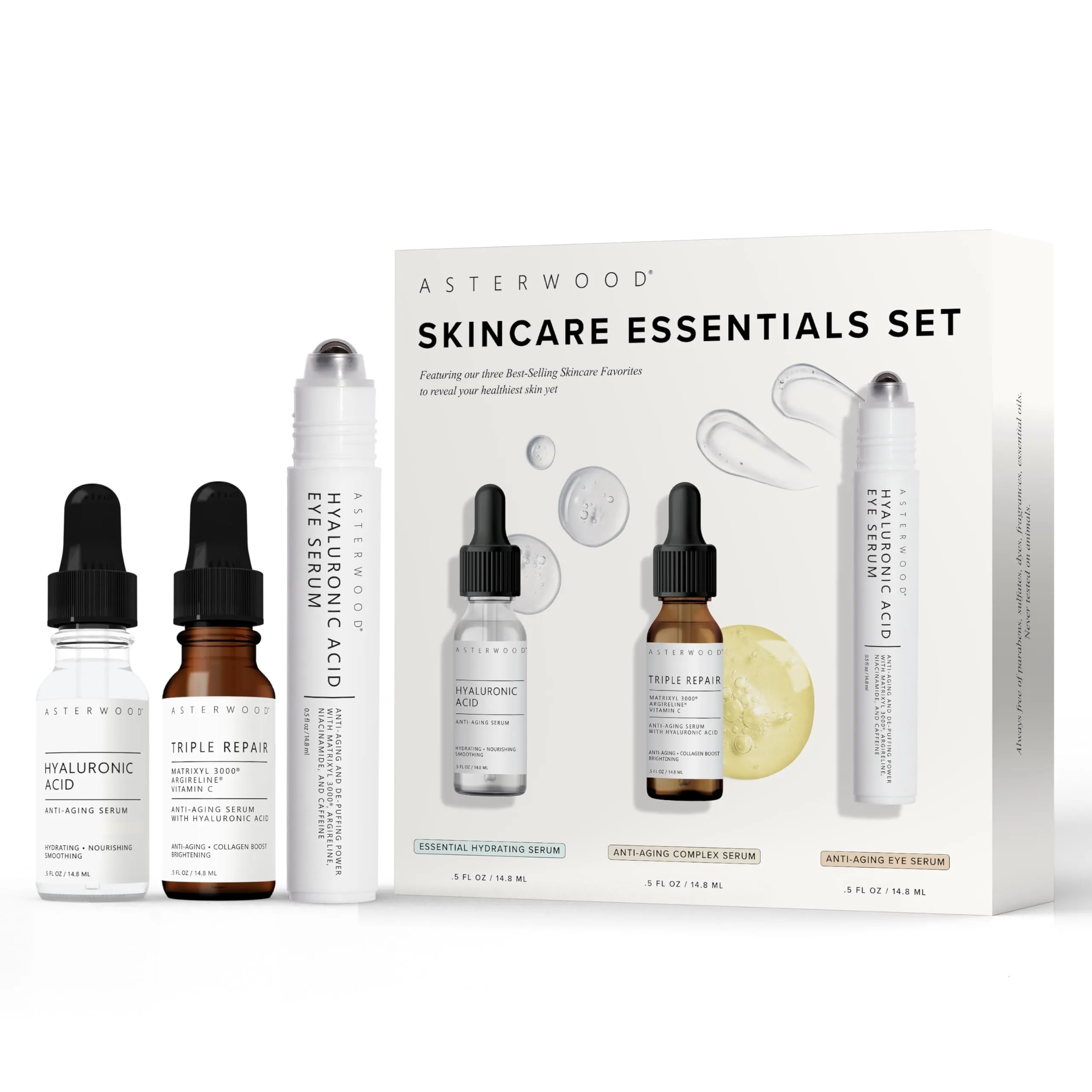 Asterwood Skin Care Set for Women - Stocking Stuffer, Gifts for Women, Christmas & Holiday Gift - with Hyaluronic Acid & Triple Repair Serums, Hyaluronic Acid Under Eye Serum - Skincare Essentials