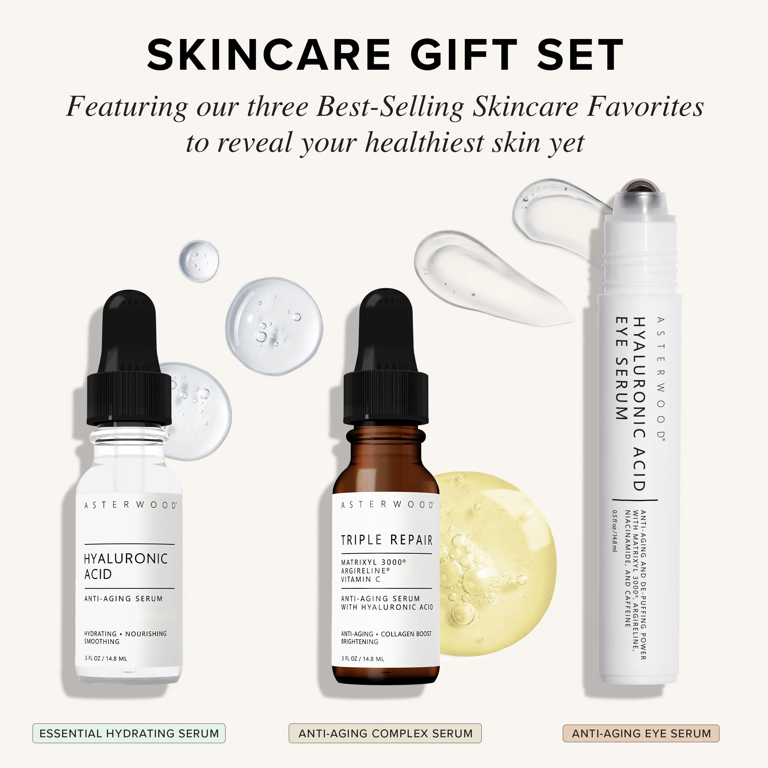Asterwood Skin Care Set for Women - Stocking Stuffer, Gifts for Women, Christmas & Holiday Gift - with Hyaluronic Acid & Triple Repair Serums, Hyaluronic Acid Under Eye Serum - Skincare Essentials