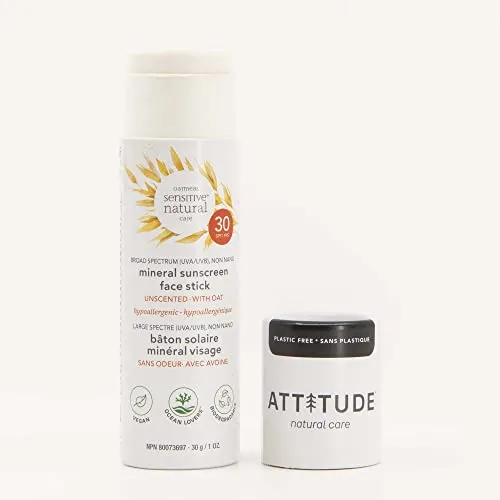ATTITUDE Plastic-Free Mineral Face Sunscreen Stick for Sensitive Skin Enriched with Oat, Broad Spectrum UVA/UVB with Zinc Oxide, Hypoallergenic, Vegan and Cruelty-free, SPF 30, Unscented, 30 grams