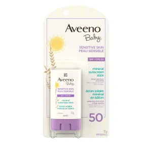 Aveeno Baby Sensitive Skin Mineral sunscreen stick Spf 50 With 100% Zinc Oxide, for Face & Body, Sweat- & Water-resistant Kids sunscreen stick, Travel Size, 13 Grams