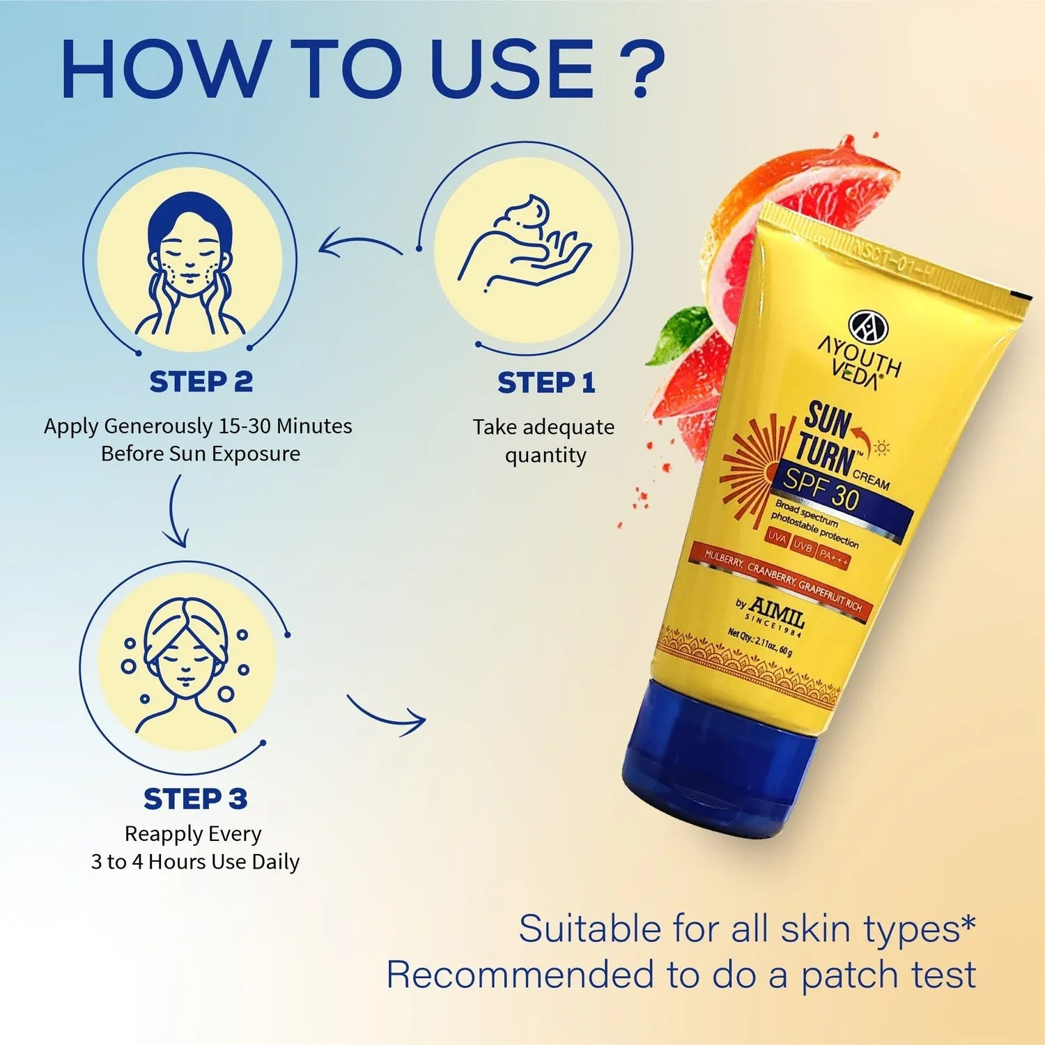 Ayouthveda Sun Turn Cream SPF 30 with Hyaluronic Acid for Broad Spectrum Photostable Protection Net qty.- 60 g