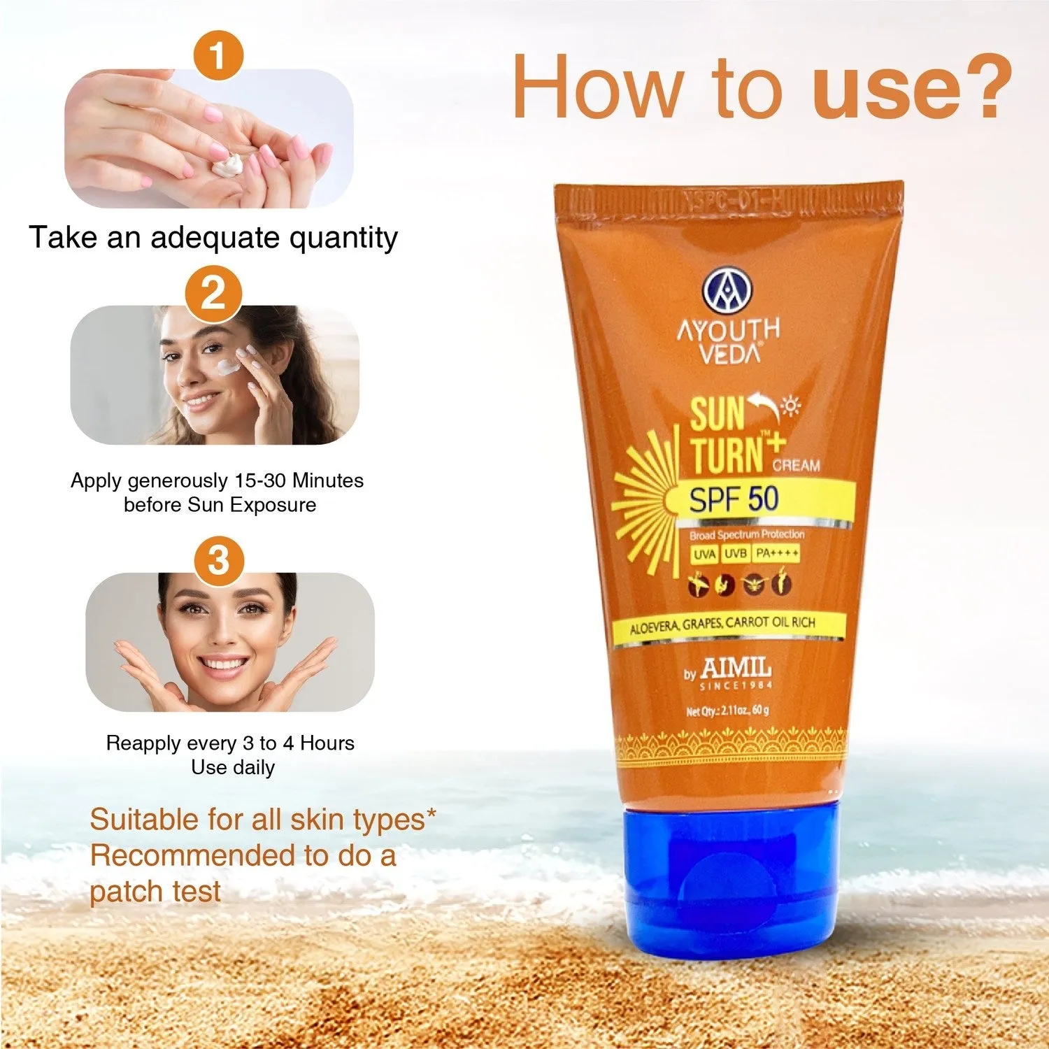 Ayouthveda Sun Turn  Cream SPF 50 with Hyaluronic Acid for Broad Spectrum UV Protection Net qty.- 60 g