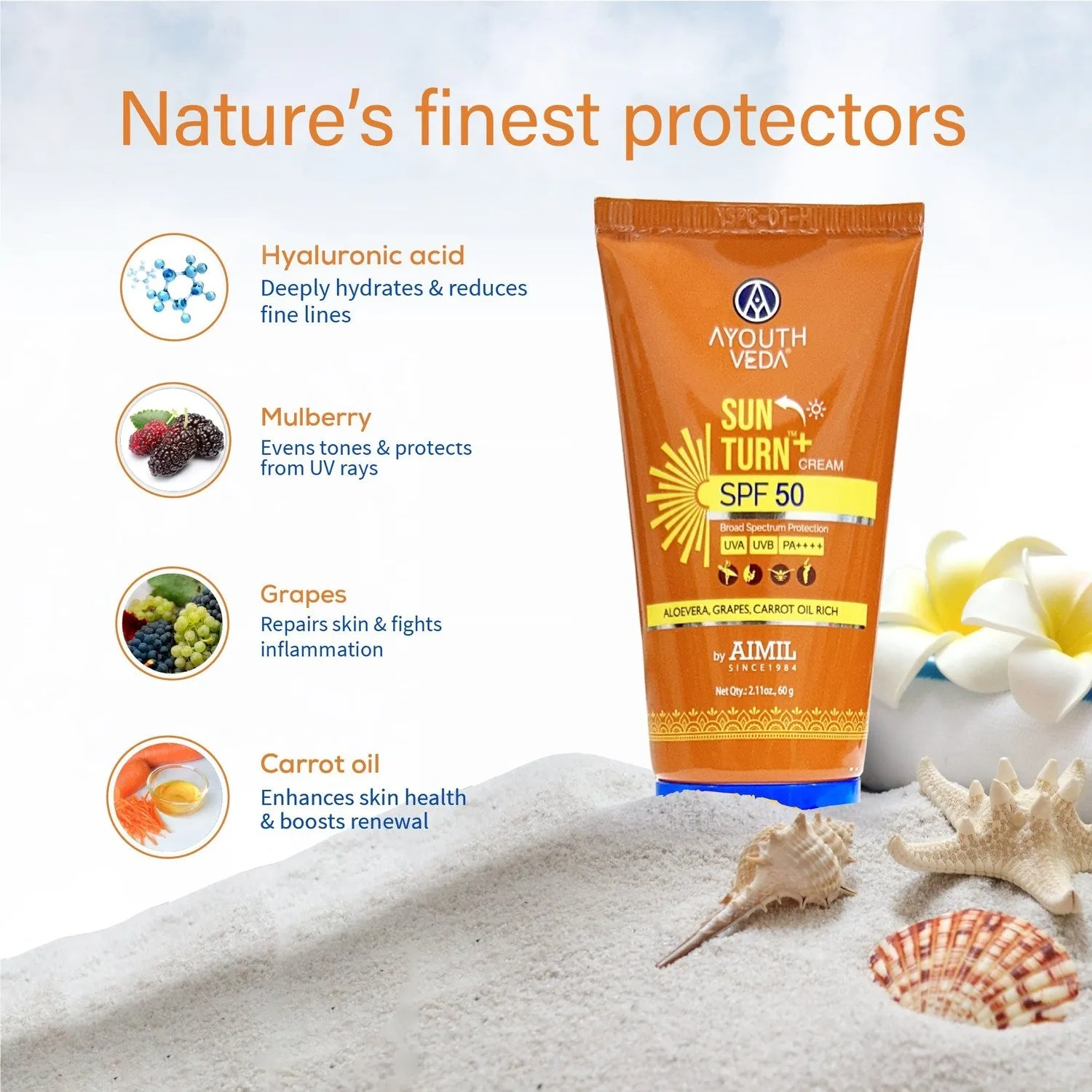 Ayouthveda Sun Turn  Cream SPF 50 with Hyaluronic Acid for Broad Spectrum UV Protection Net qty.- 60 g