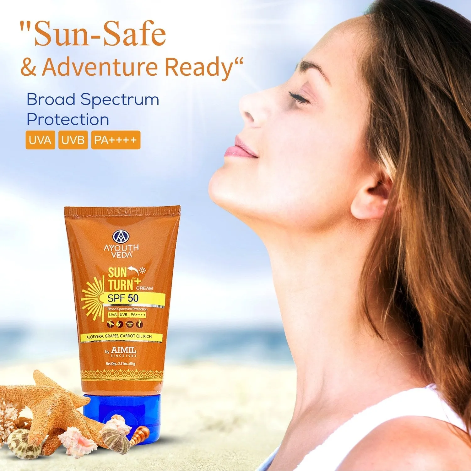Ayouthveda Sun Turn  Cream SPF 50 with Hyaluronic Acid for Broad Spectrum UV Protection Net qty.- 60 g
