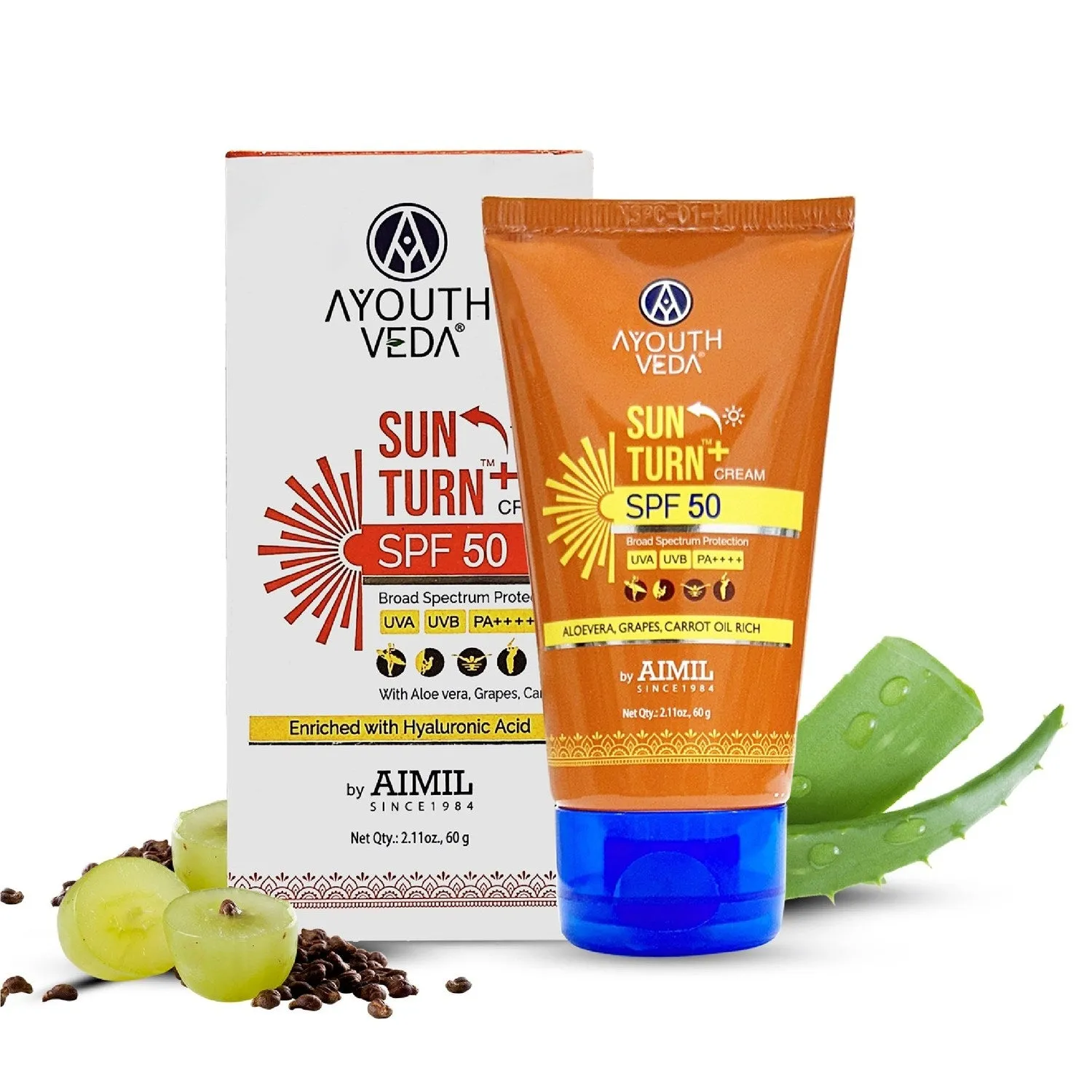 Ayouthveda Sun Turn  Cream SPF 50 with Hyaluronic Acid for Broad Spectrum UV Protection Net qty.- 60 g