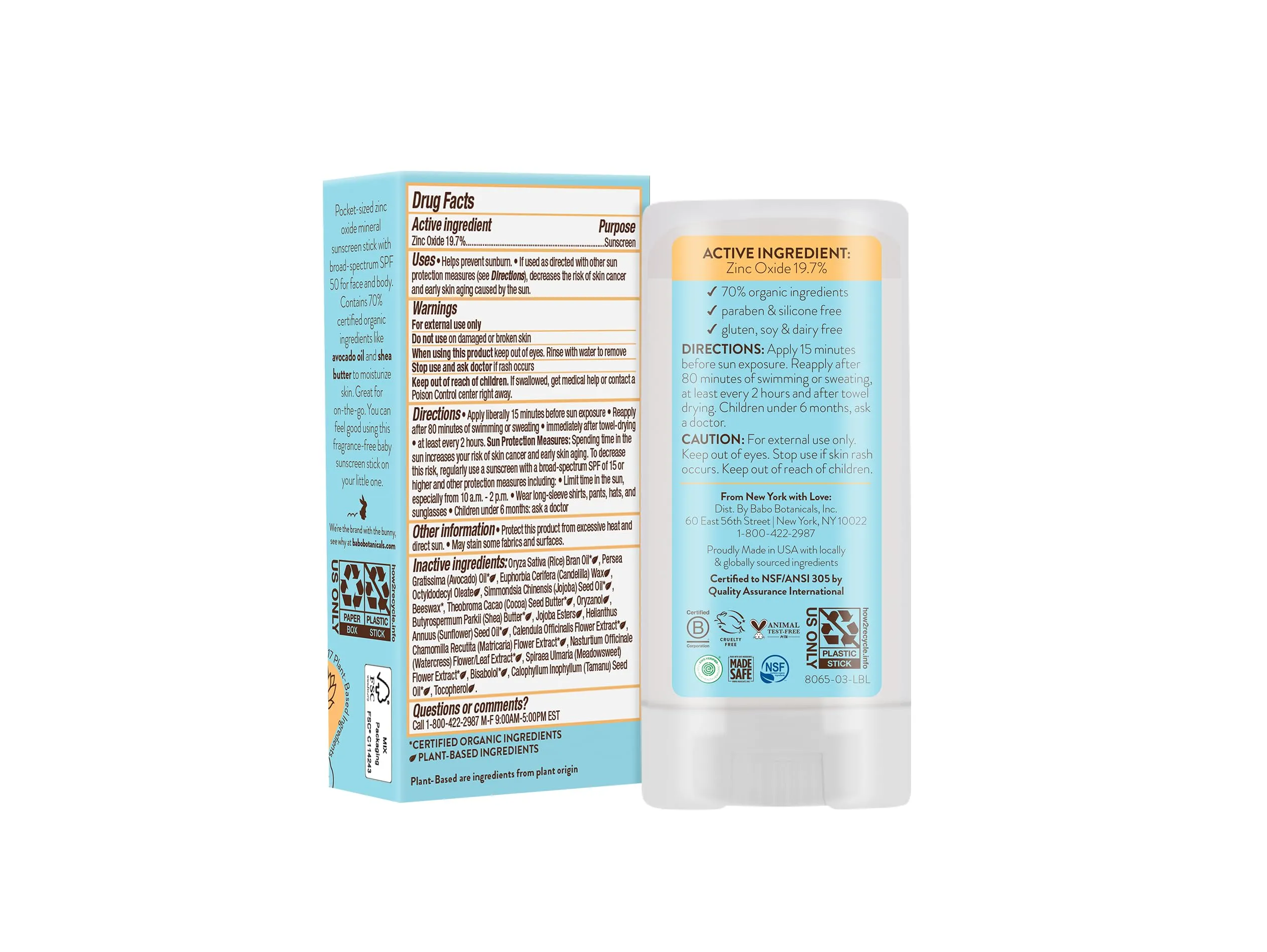Babo Botanicals Sensitive Baby Mineral Sunscreen Stick SPF 50-70% Organic Ingredients - Zinc Oxide - NSF & Made Safe Certified - EWG Verified - Water Resistant - Fragrance-Free - for Babies & Kids 0.6 Ounce (Pack of 1)