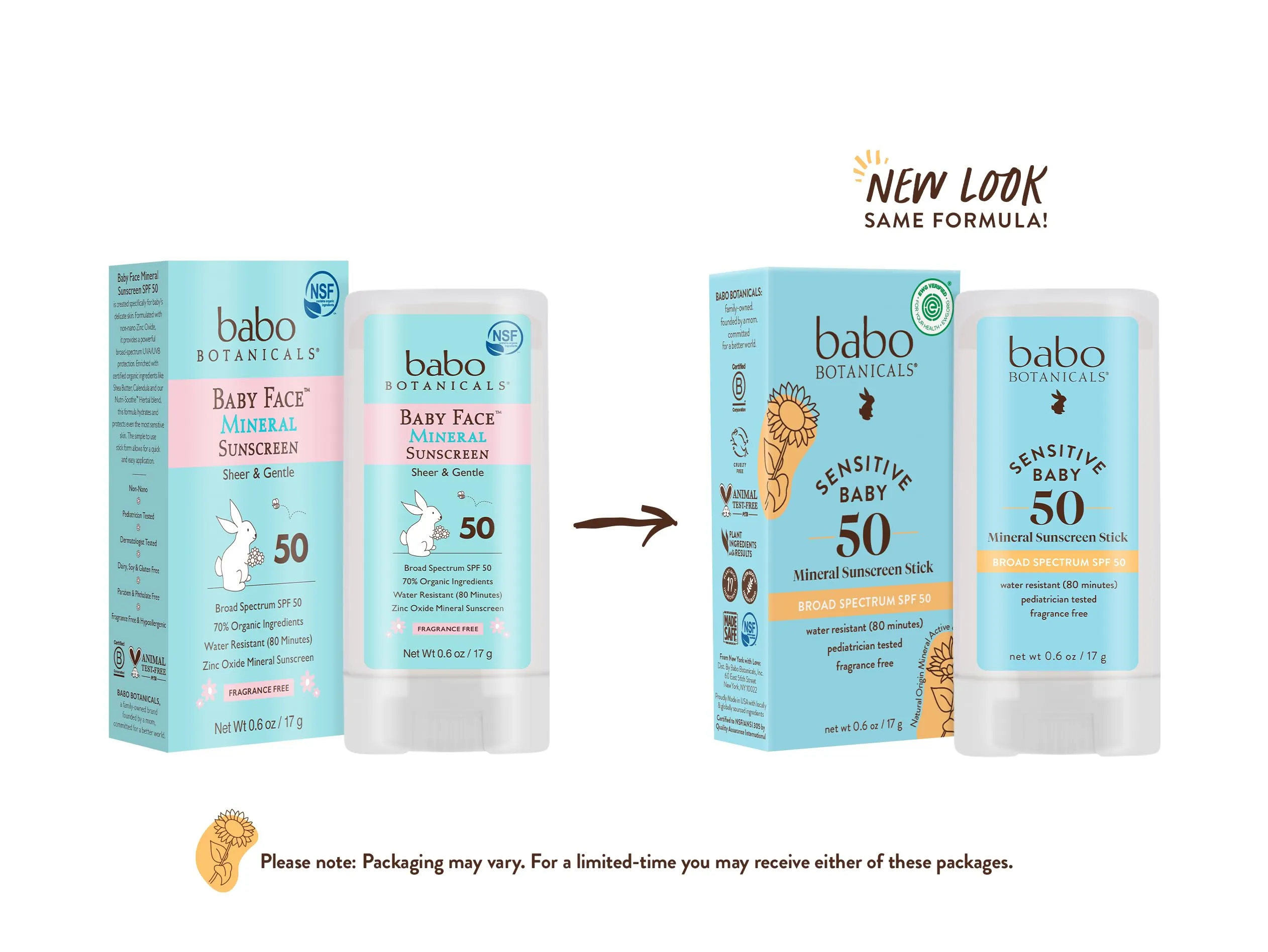Babo Botanicals Sensitive Baby Mineral Sunscreen Stick SPF 50-70% Organic Ingredients - Zinc Oxide - NSF & Made Safe Certified - EWG Verified - Water Resistant - Fragrance-Free - for Babies & Kids 0.6 Ounce (Pack of 1)
