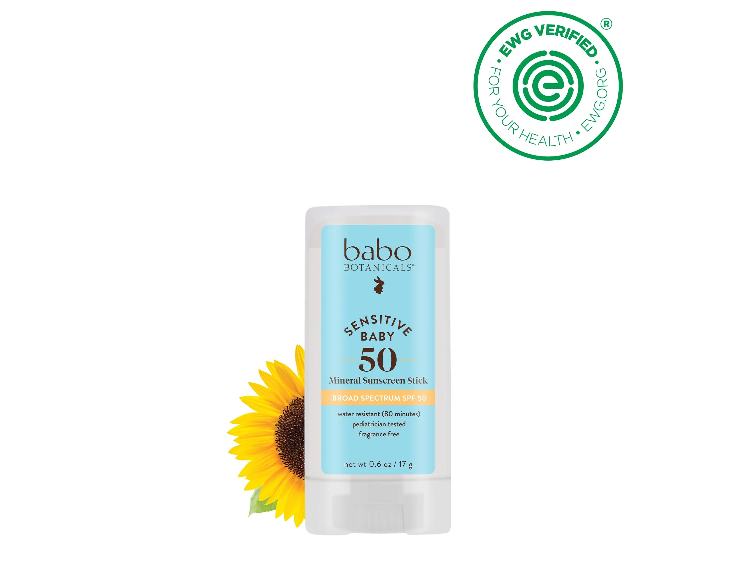 Babo Botanicals Sensitive Baby Mineral Sunscreen Stick SPF 50-70% Organic Ingredients - Zinc Oxide - NSF & Made Safe Certified - EWG Verified - Water Resistant - Fragrance-Free - for Babies & Kids 0.6 Ounce (Pack of 1)