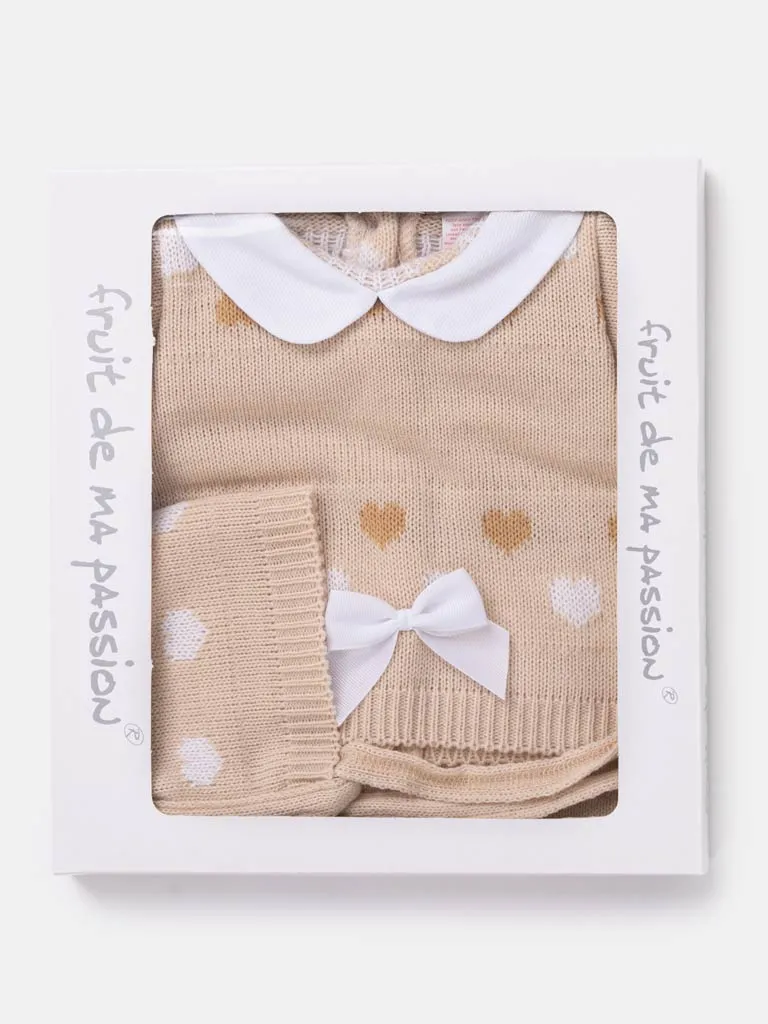 Baby Girl 3-piece Heart Knitted Gift Box Set- Beige