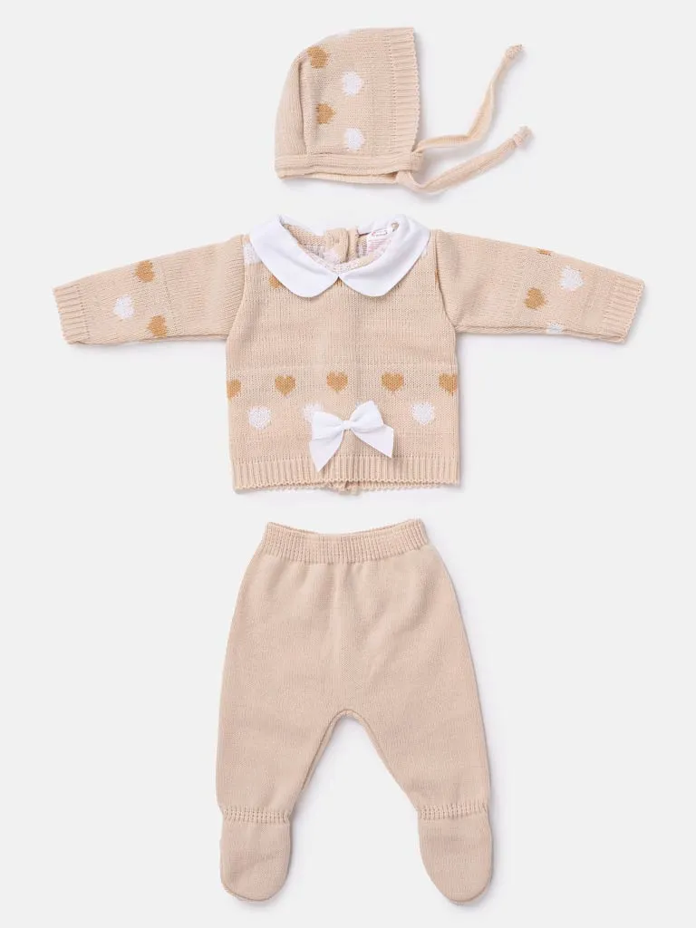Baby Girl 3-piece Heart Knitted Gift Box Set- Beige