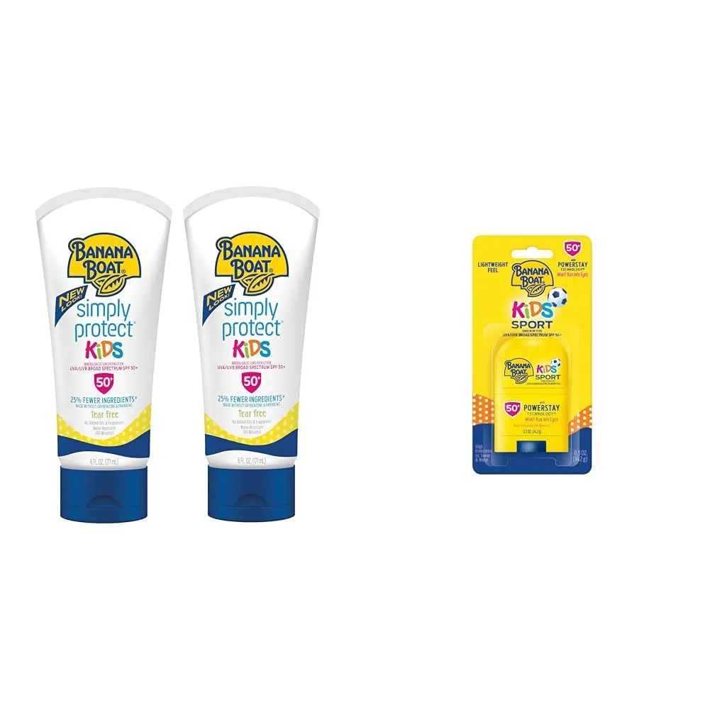 Banana Boat Kids Mineral Sunscreen Lotion SPF 50 Twin Pack and Sport Sunscreen Stick SPF 50 Travel Size