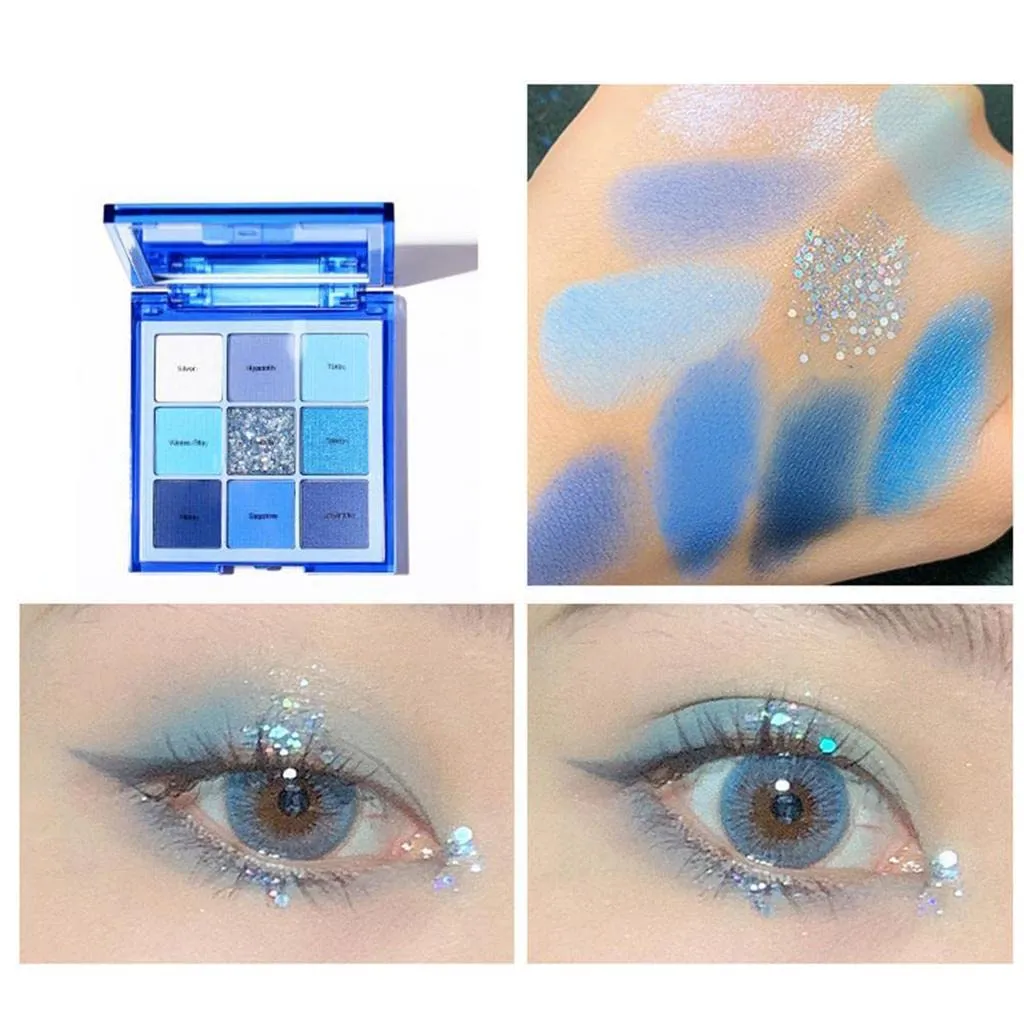 barenx Eyeshadow Palette 9 Color Eye Shadow Matte Glitter Professional Makeup Eye Shadow Powder Long Lasting Waterproof Cosmetic Eye Shadow Palette - Blue