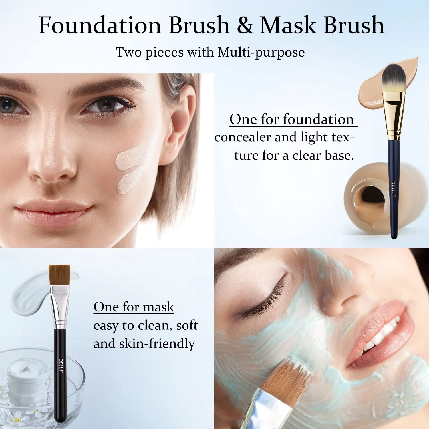 BEILI 2pcs Flat Square Synthetic Foundation Brush for Liquid Cream Facial Mask Concealer Makeup Premium Soft Synthetic Contour Brush for Blending Liquid Cream Foundation Emulsion Cosmetics