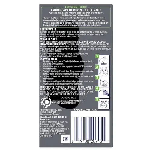 Biore Charcoal Blackhead Remover Pore Strips, Deep Cleansing Nose Strips for Removal and Unclogging, 3X Less Oil, 6 Count