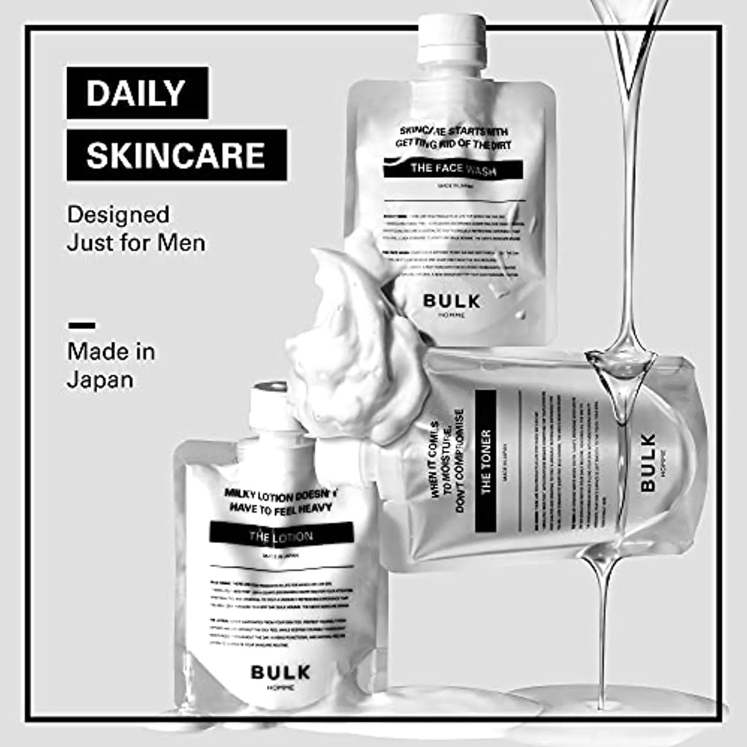 BULK HOMME - The FACE WASH, The Toner & The Lotion | 3 Piece Men’s Skincare Kit | Daily Foam Cleanser, Pore Minimizing Toner & Moisturizer | Complete Face Care Routine | Luxury Facial Care for Men