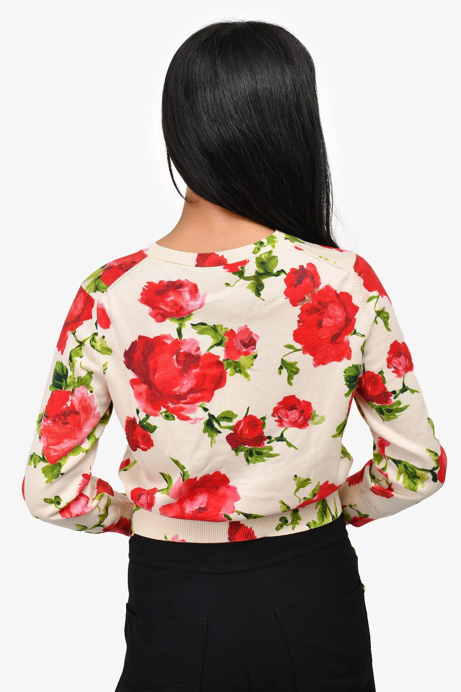 Carolina Herrera Cream/Red Rose Printed Silk/Cotton Cardigan Size S