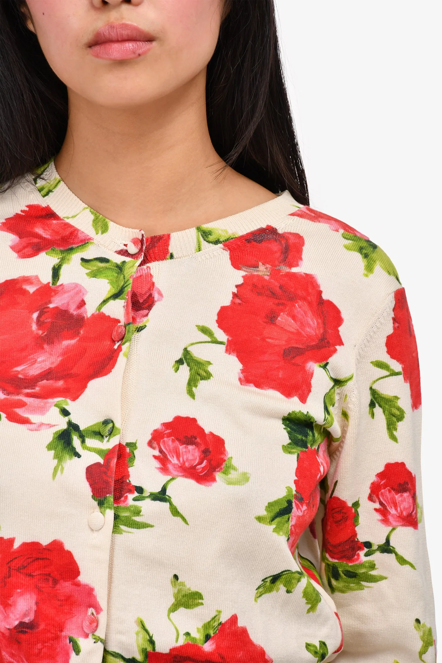 Carolina Herrera Cream/Red Rose Printed Silk/Cotton Cardigan Size S