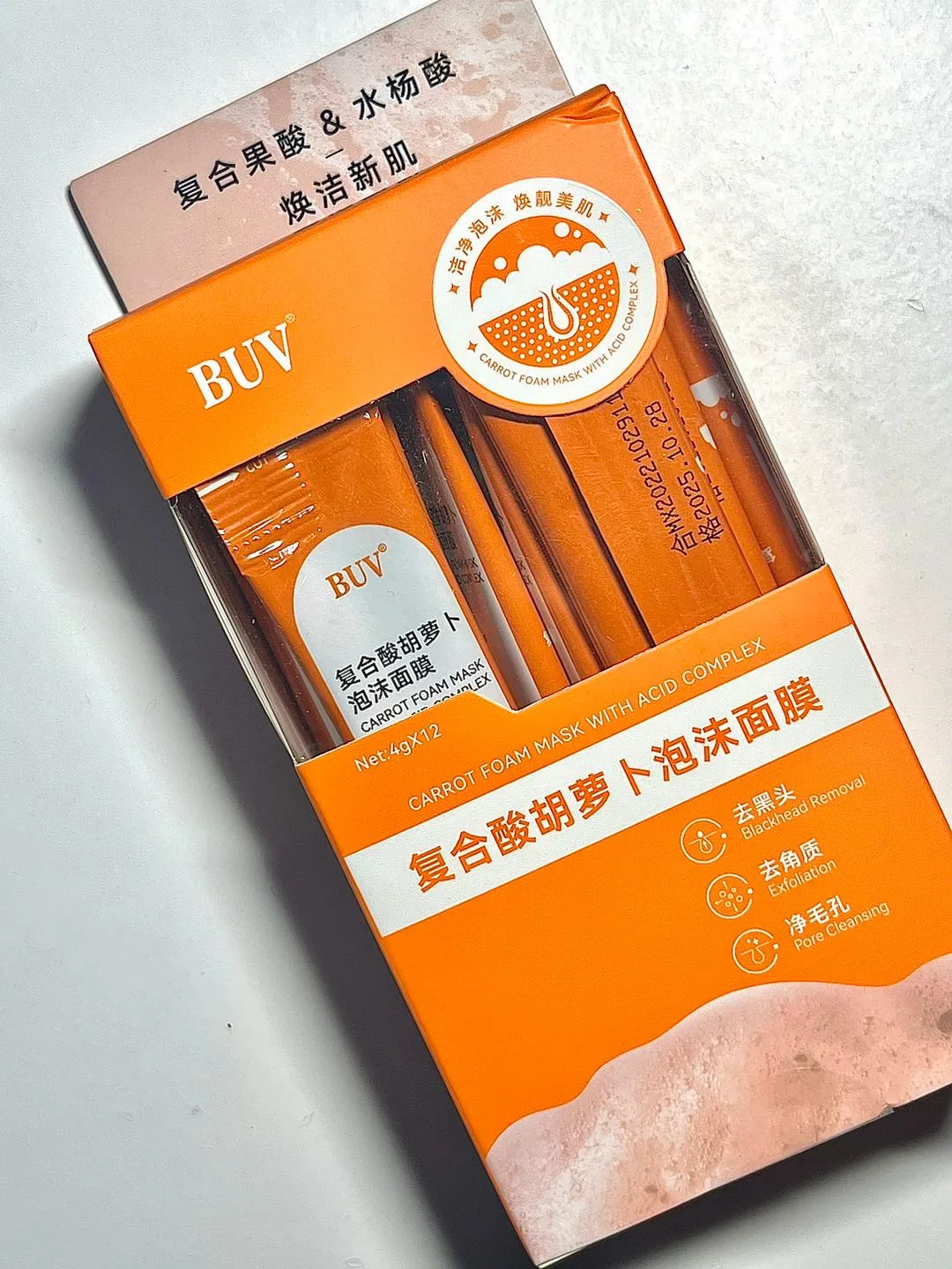 Carrot Foam Mask with Acid Complex Deep Bubble Cleaning Pore Cleansing , Blackhead removal, Exfoliation, Moisturizing (4gm x 12pcs Pack)