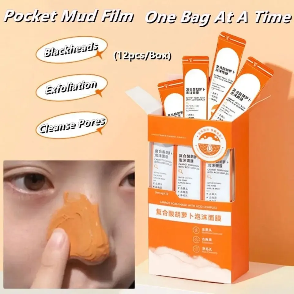 Carrot Foam Mask with Acid Complex Deep Bubble Cleaning Pore Cleansing , Blackhead removal, Exfoliation, Moisturizing (4gm x 12pcs Pack)
