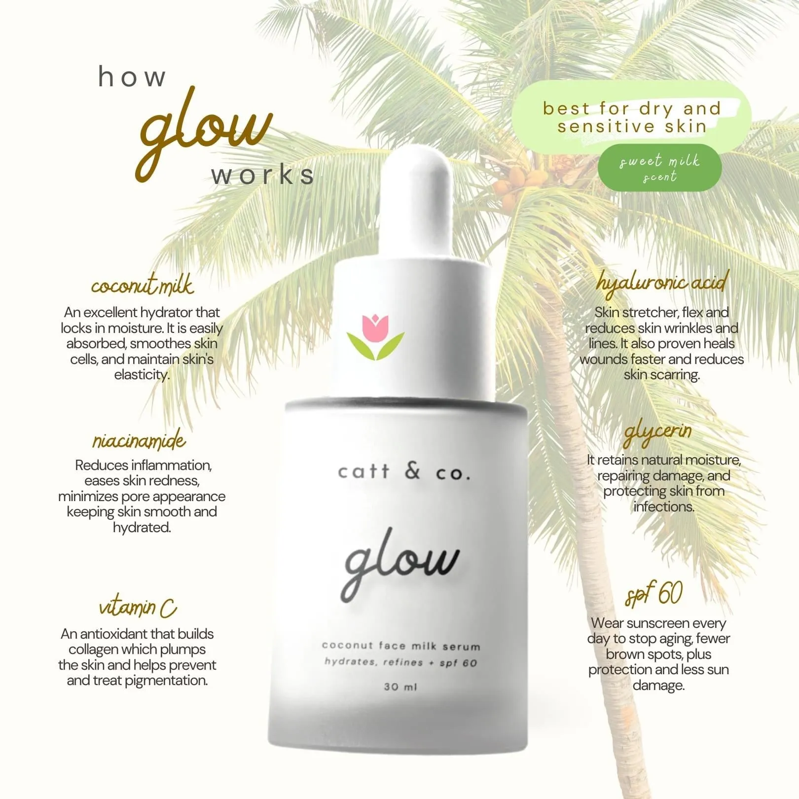 Catt & Co - GLOW - Coconut Face Milk Serum - Hydrates Refines SPF60 - 30ml