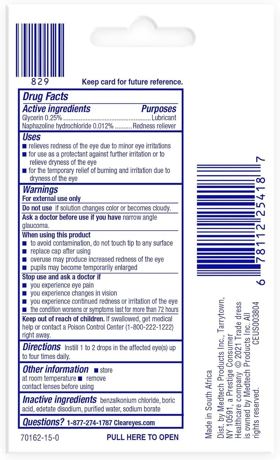 Clear Eyes Redness Eye Relief Eye Drops, Relieves Redness & Calms Irritation, 0.2 Fl Oz