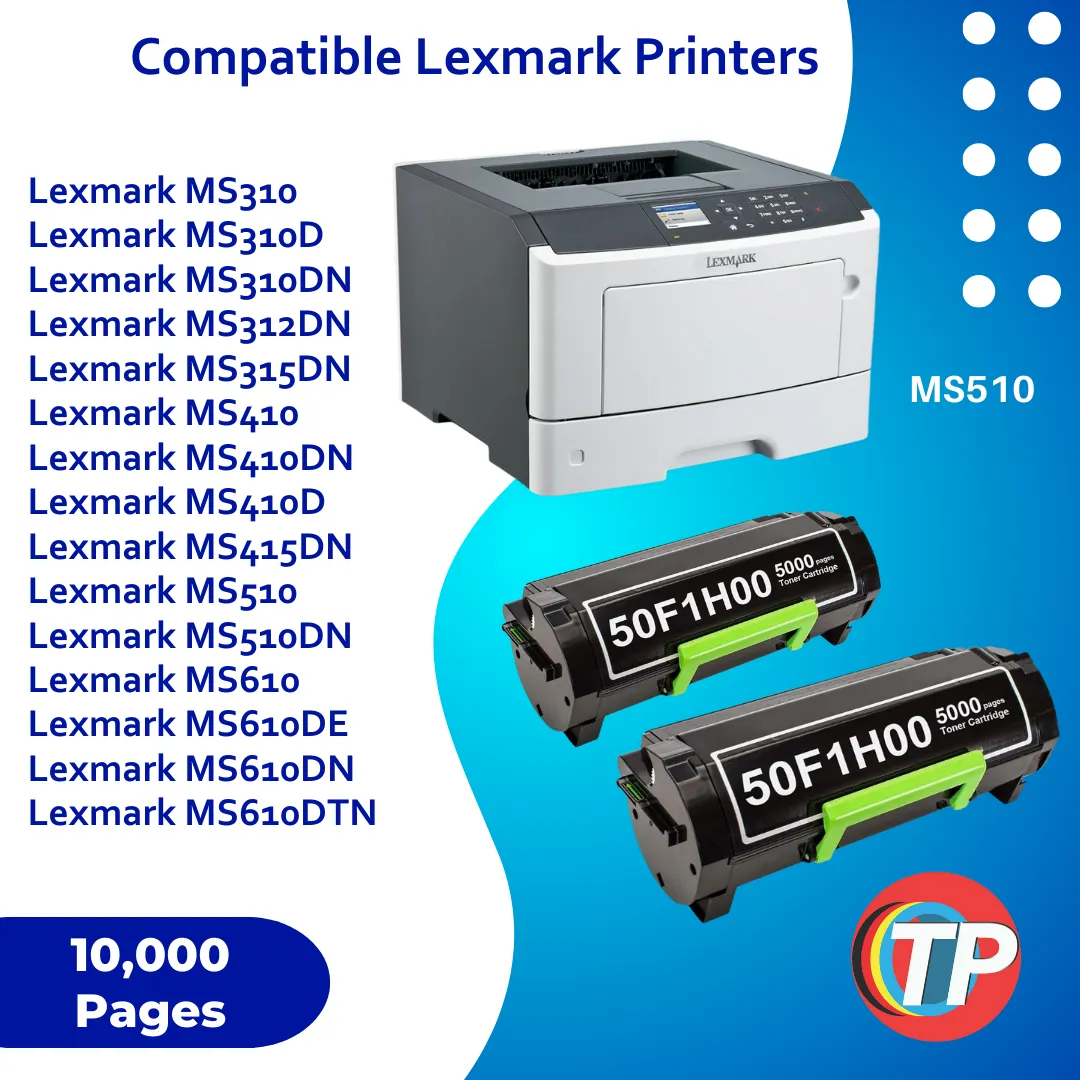 Compatible Lexmark 50F1H00, 501H Toner Cartridge for Lexmark MS310, MS312, MS315, MS410, MS415, MS510, MS610 - 2 Pack