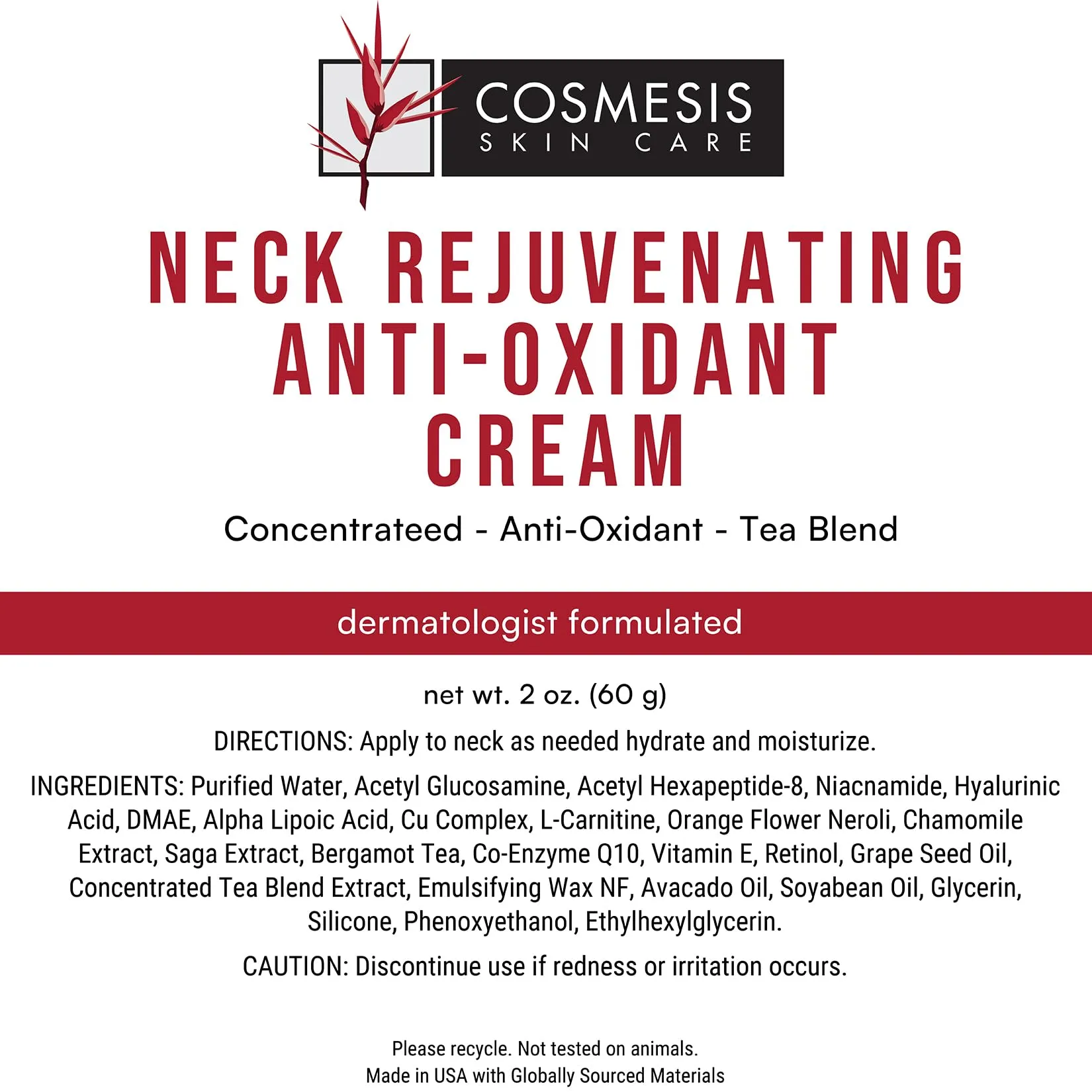 Cosmesis Neck Rejuvenating Anti-Oxidant Cream - Minimize Sagging Skin - Powerful Anti-Aging Ingredients - Promotes Hydration - 2oz
