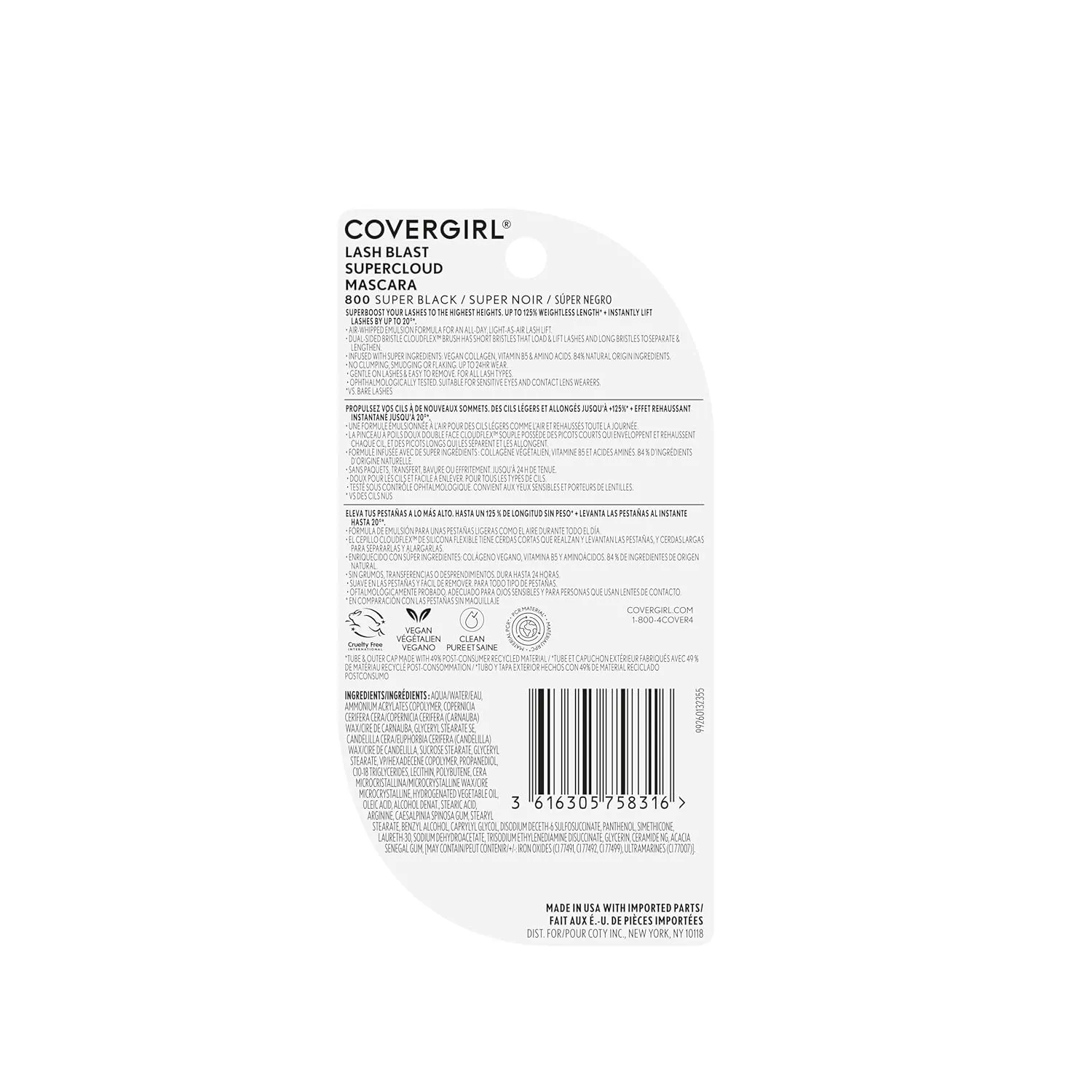 CoverGirl Lash Blast Supercloud, 800 Super Black, Mascara, Long-Lasting, No Clump or Smudge, Doesn't Flake, Vegan, 0.33oz