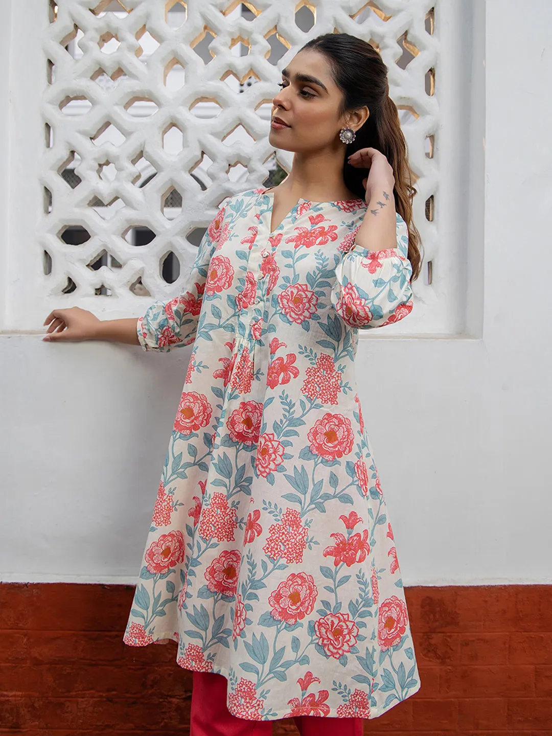 Cream Cotton Floral Printed A-Line Top