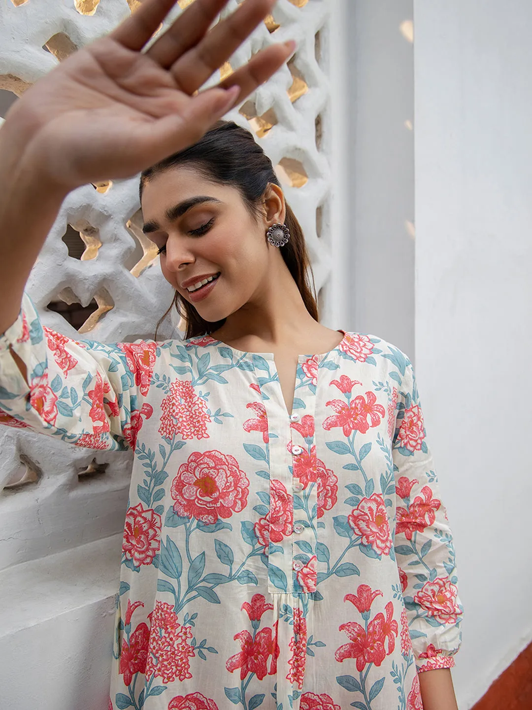 Cream Cotton Floral Printed A-Line Top