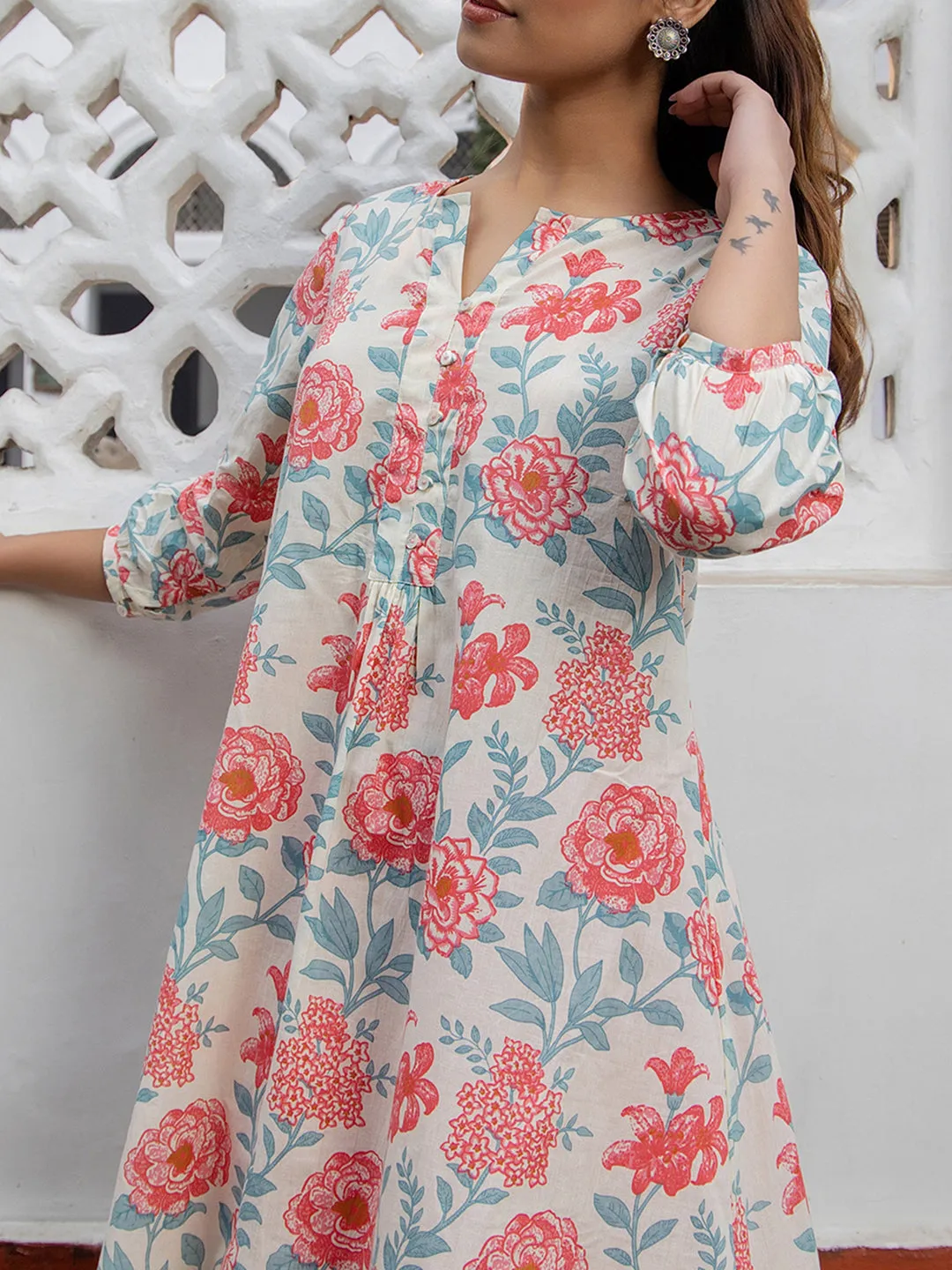 Cream Cotton Floral Printed A-Line Top