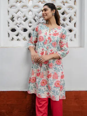 Cream Cotton Floral Printed A-Line Top