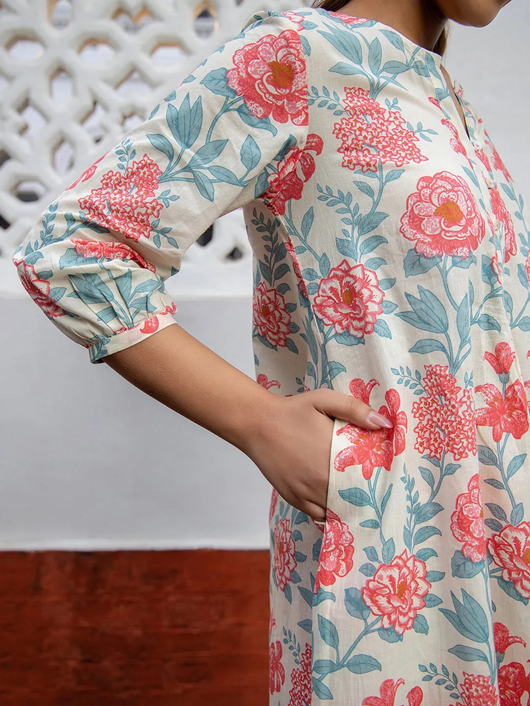Cream Cotton Floral Printed A-Line Top