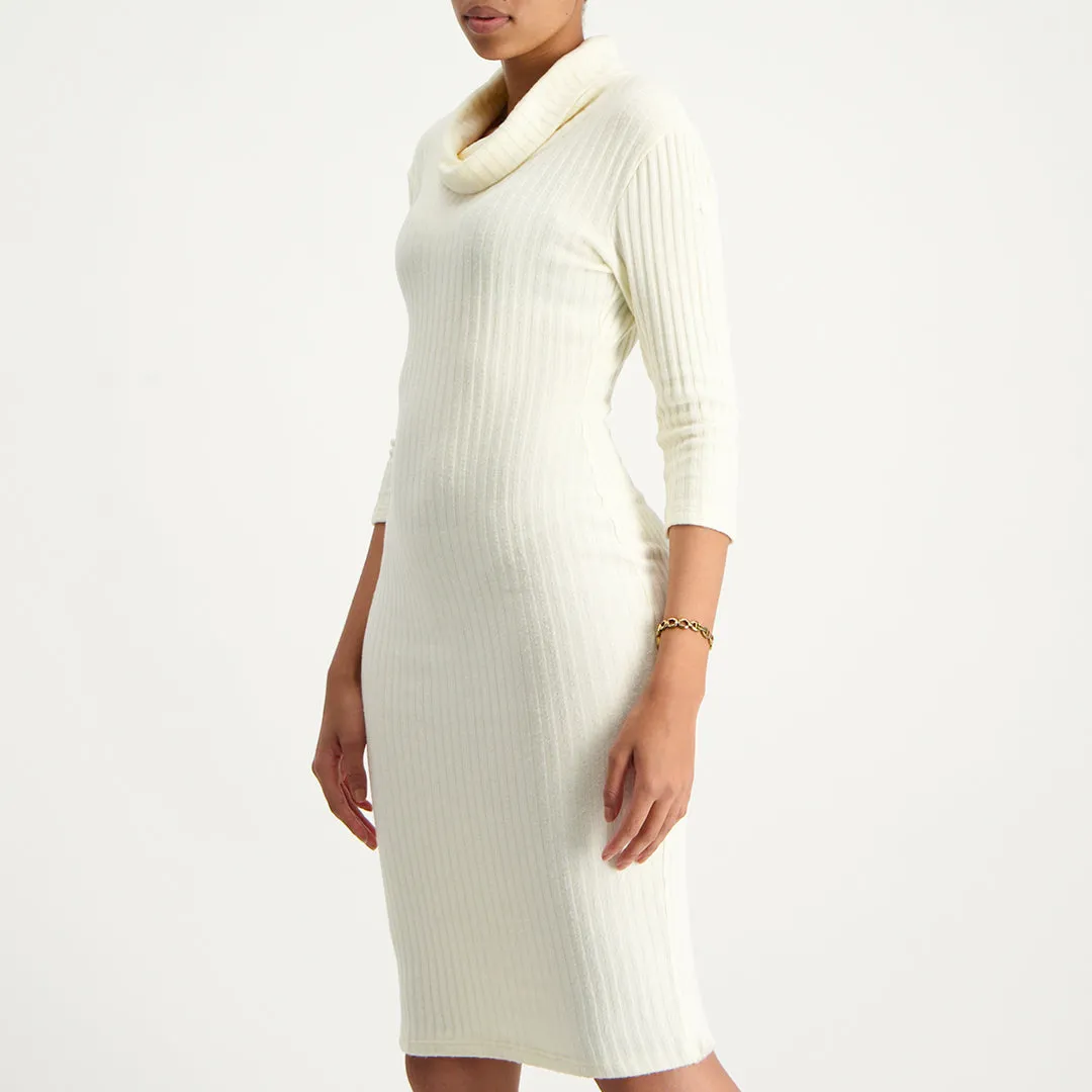 Cream long sleeve cowl neck dress