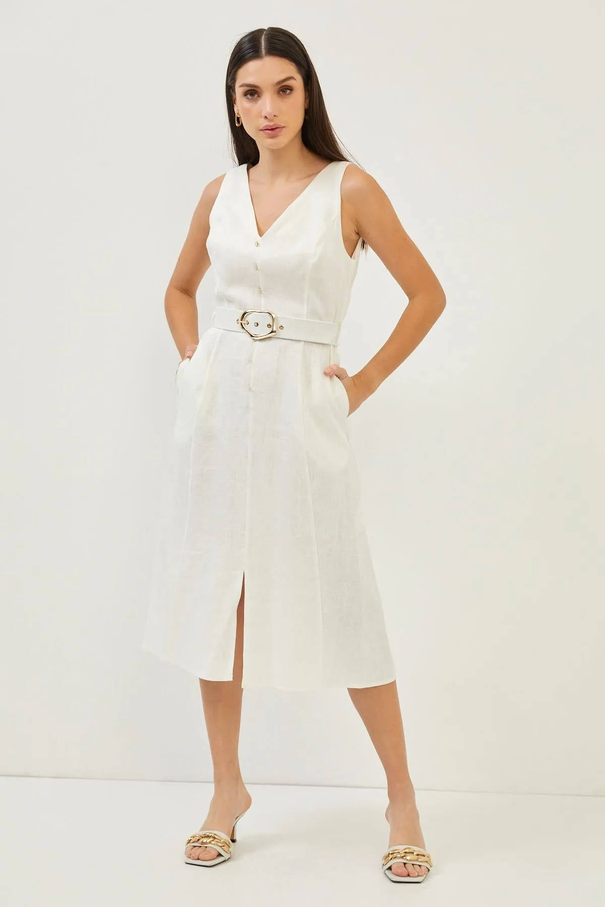 Cream Sleeveless Linen V Neck Midi Dress