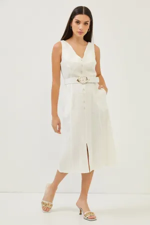 Cream Sleeveless Linen V Neck Midi Dress