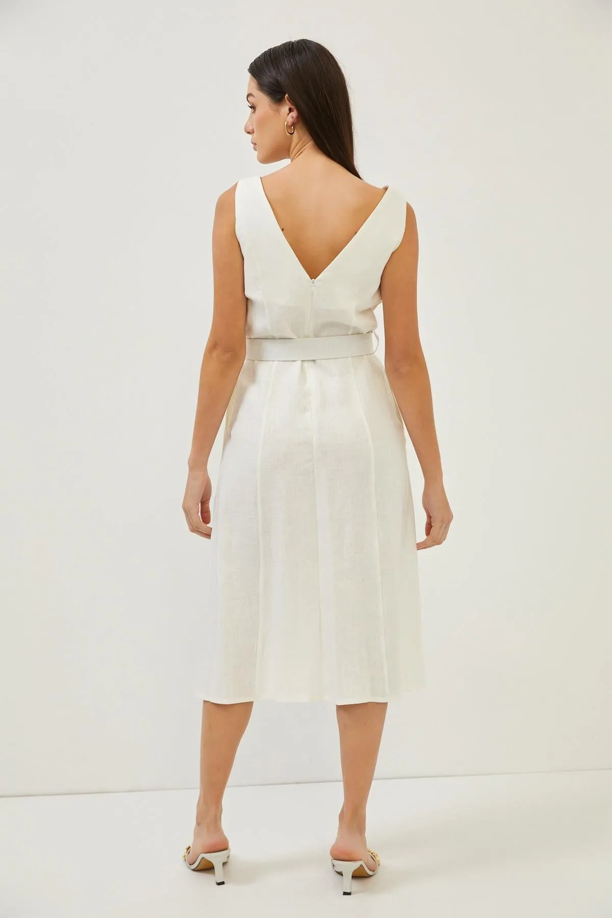 Cream Sleeveless Linen V Neck Midi Dress