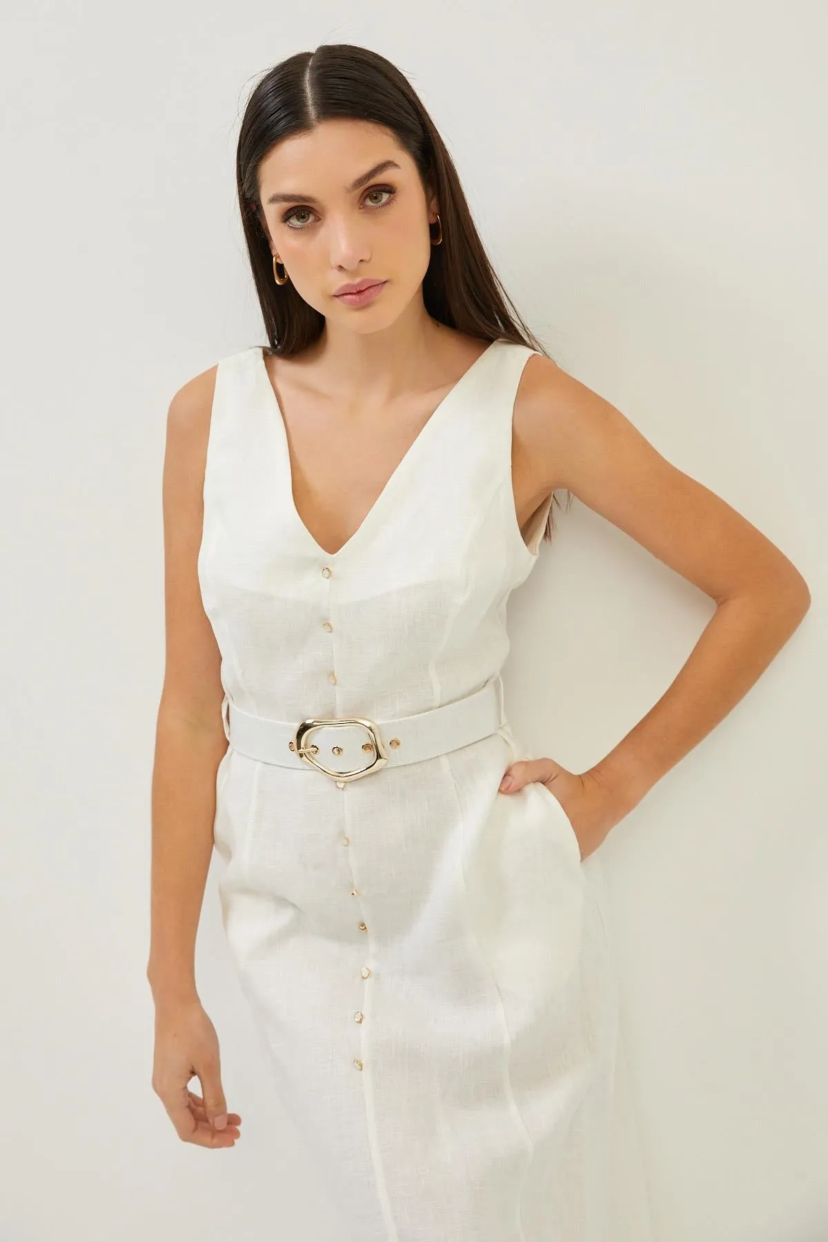Cream Sleeveless Linen V Neck Midi Dress