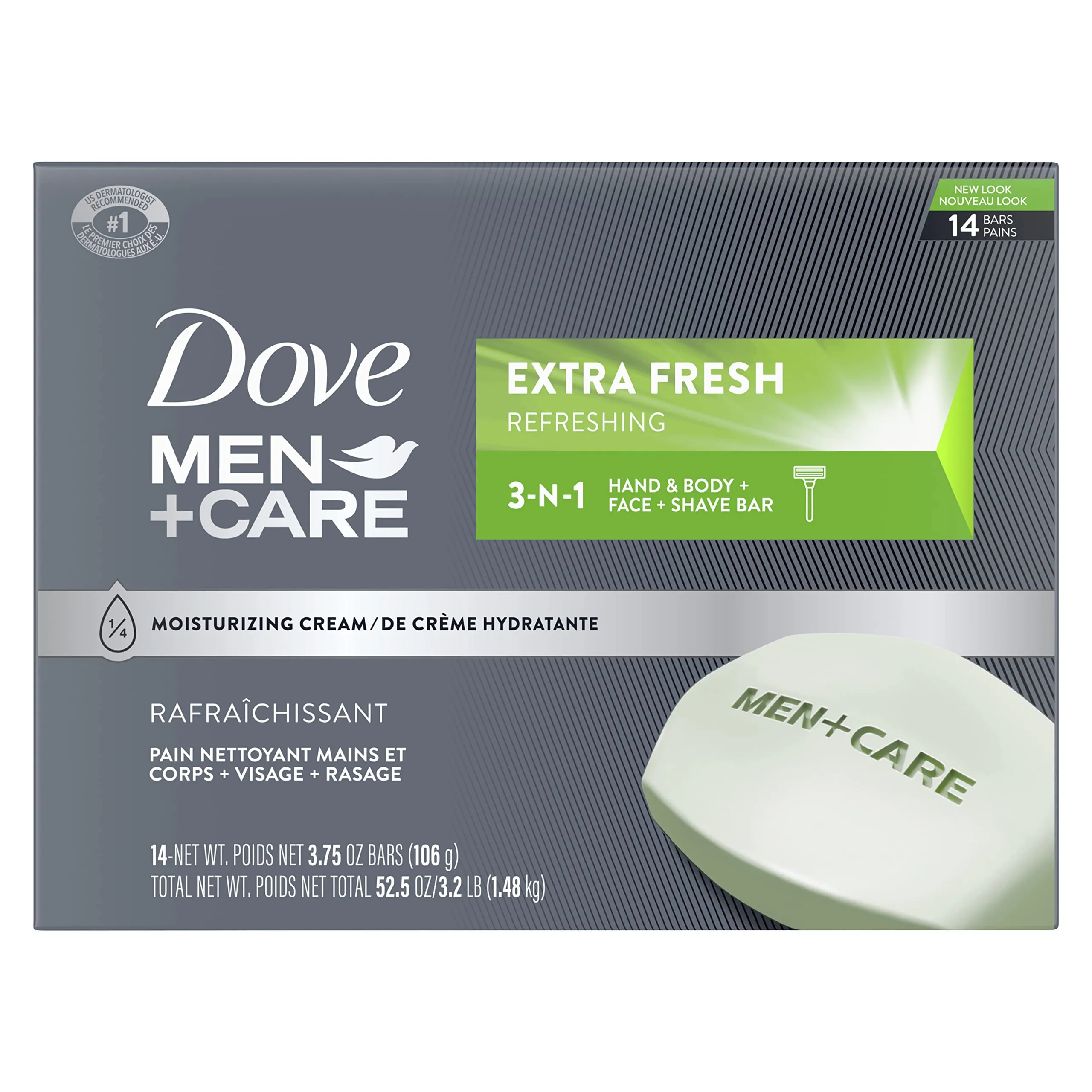 DOVE MEN   CARE Bar 3 in 1 Cleanser for Body, Face, and Shaving to Clean and Hydrate Skin Extra Fresh Body and Facial Cleanser More Moisturizing Than Bar Soap 3.75 oz, 14 Count (Pack of 1)