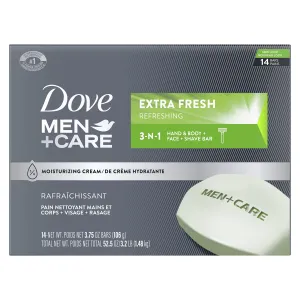 DOVE MEN   CARE Bar 3 in 1 Cleanser for Body, Face, and Shaving to Clean and Hydrate Skin Extra Fresh Body and Facial Cleanser More Moisturizing Than Bar Soap 3.75 oz, 14 Count (Pack of 1)