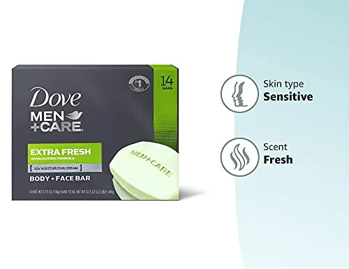 DOVE MEN   CARE Bar 3 in 1 Cleanser for Body, Face, and Shaving to Clean and Hydrate Skin Extra Fresh Body and Facial Cleanser More Moisturizing Than Bar Soap 3.75 oz, 14 Count (Pack of 1)