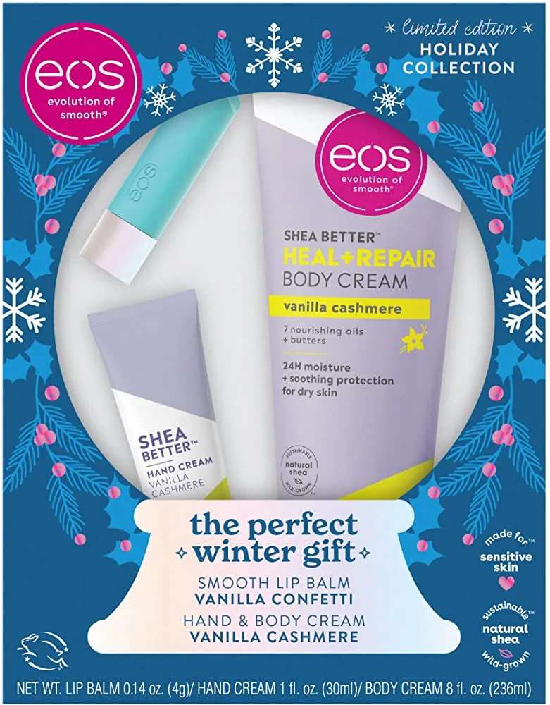 EOS Holiday Collection The Perfect Winter Gift Smooth Lip Balm Vanilla Confetti Hand & Body Cream Vanilla Cashmere