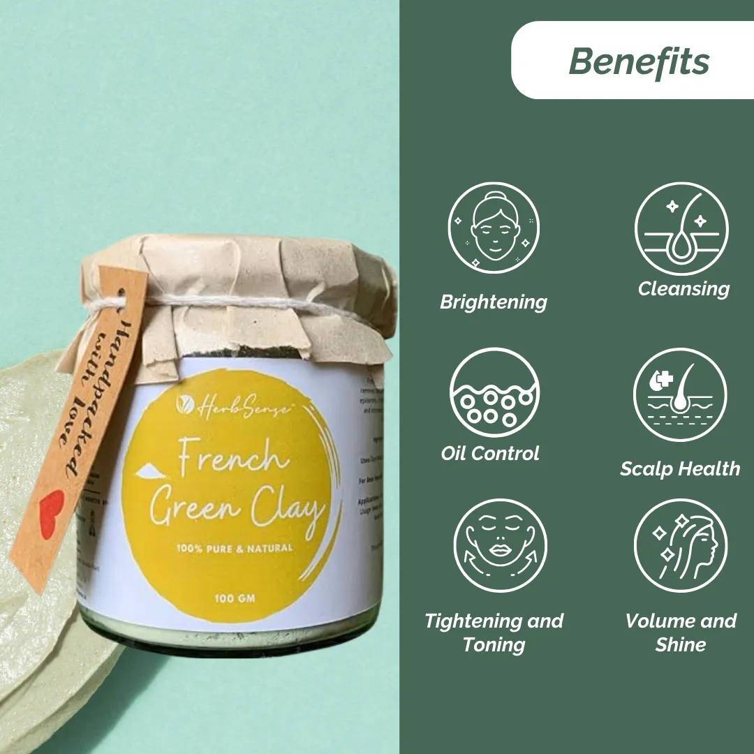 French Green Clay-100gm- For Glowing & Healthy Skin, Deep Cleansing ,Nourishing & Detoxifying Clay Mask,