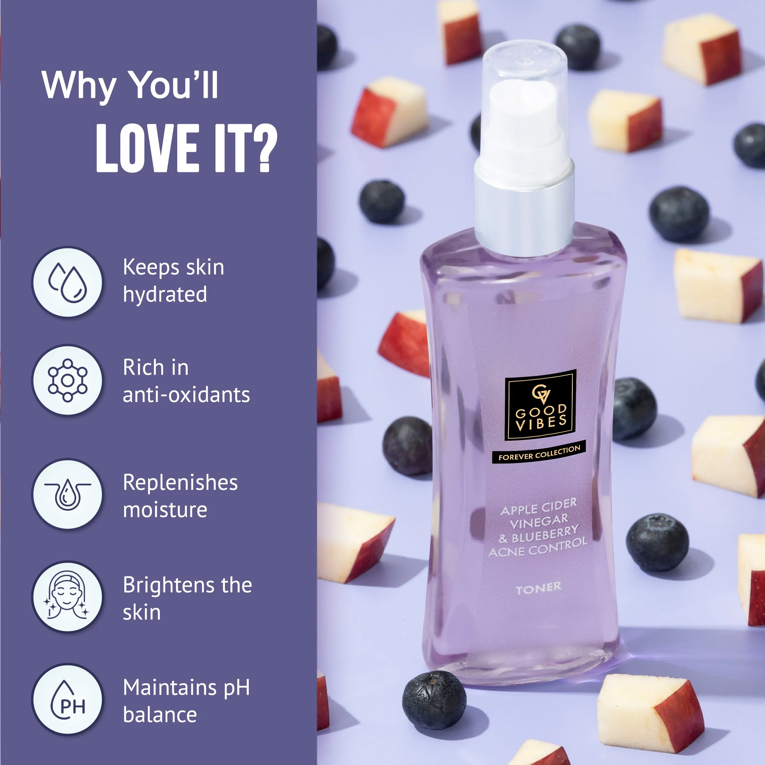 Good Vibes Apple Cider Vinegar & Blueberry Anti Acne Toner | Forever Collection | Control sebum, Pore tightening| Vegan, No Parabens, No Sulphates, No Mineral Oil, No Silicones, No Animal Testing (100 ml)