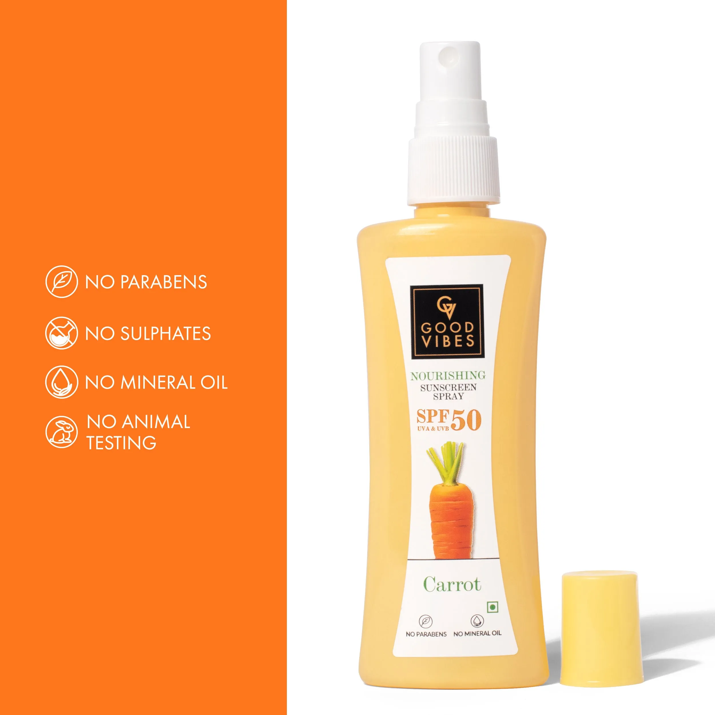 Good Vibes Carrot Nourishing Sunscreen Spray SPF 50 | Soothing, Hydrating, De-tanning | Vegan, No Parabens, No Mineral Oil, No Silicones, No Animal Testing