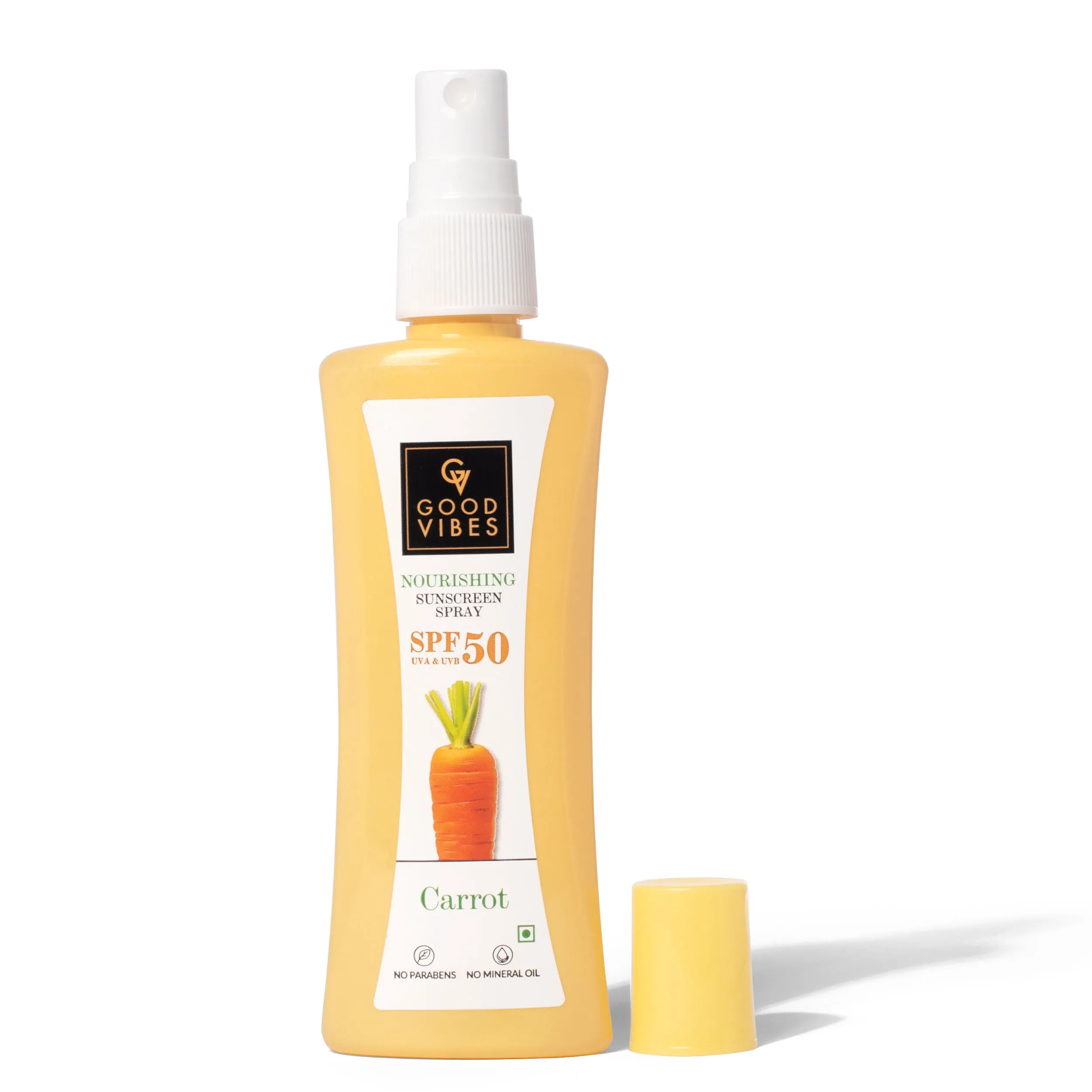 Good Vibes Carrot Nourishing Sunscreen Spray SPF 50 | Soothing, Hydrating, De-tanning | Vegan, No Parabens, No Mineral Oil, No Silicones, No Animal Testing